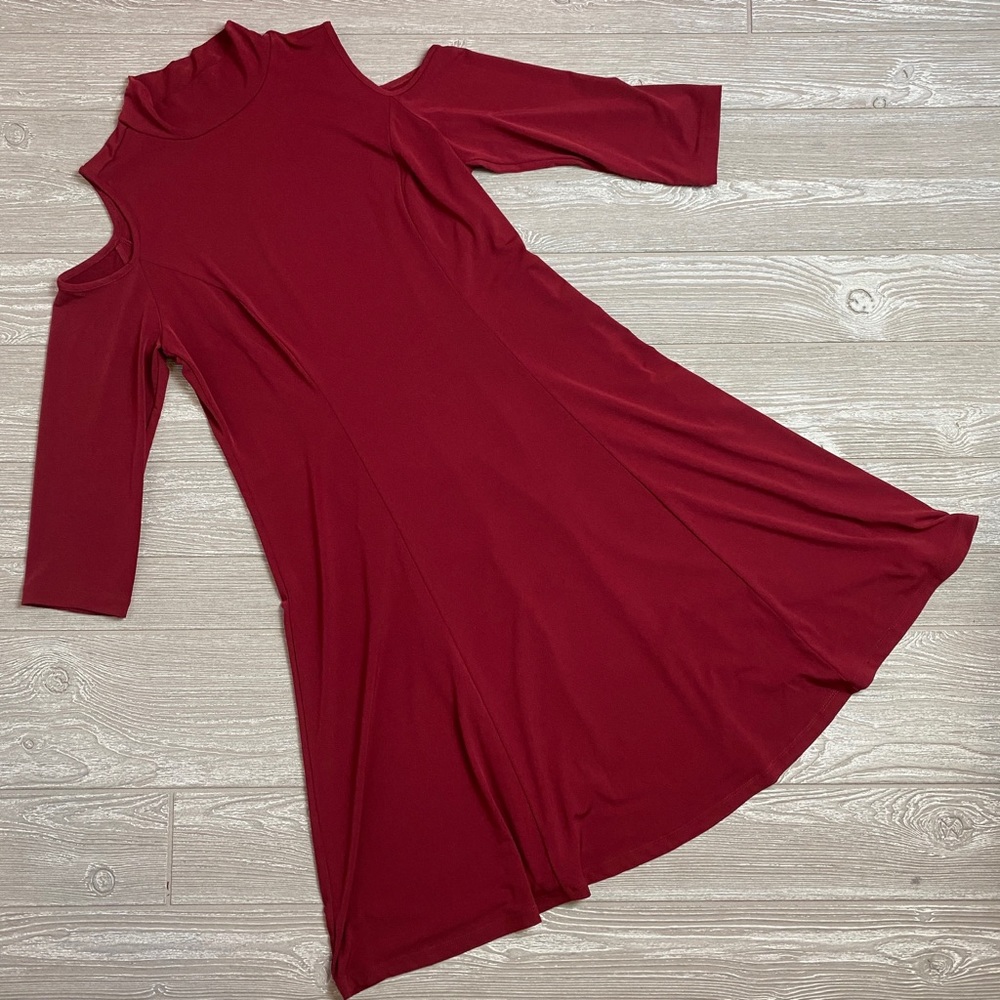 💙 Susan Graver Red Cold Shoulder 3/4 Sleeve Stretch Dress